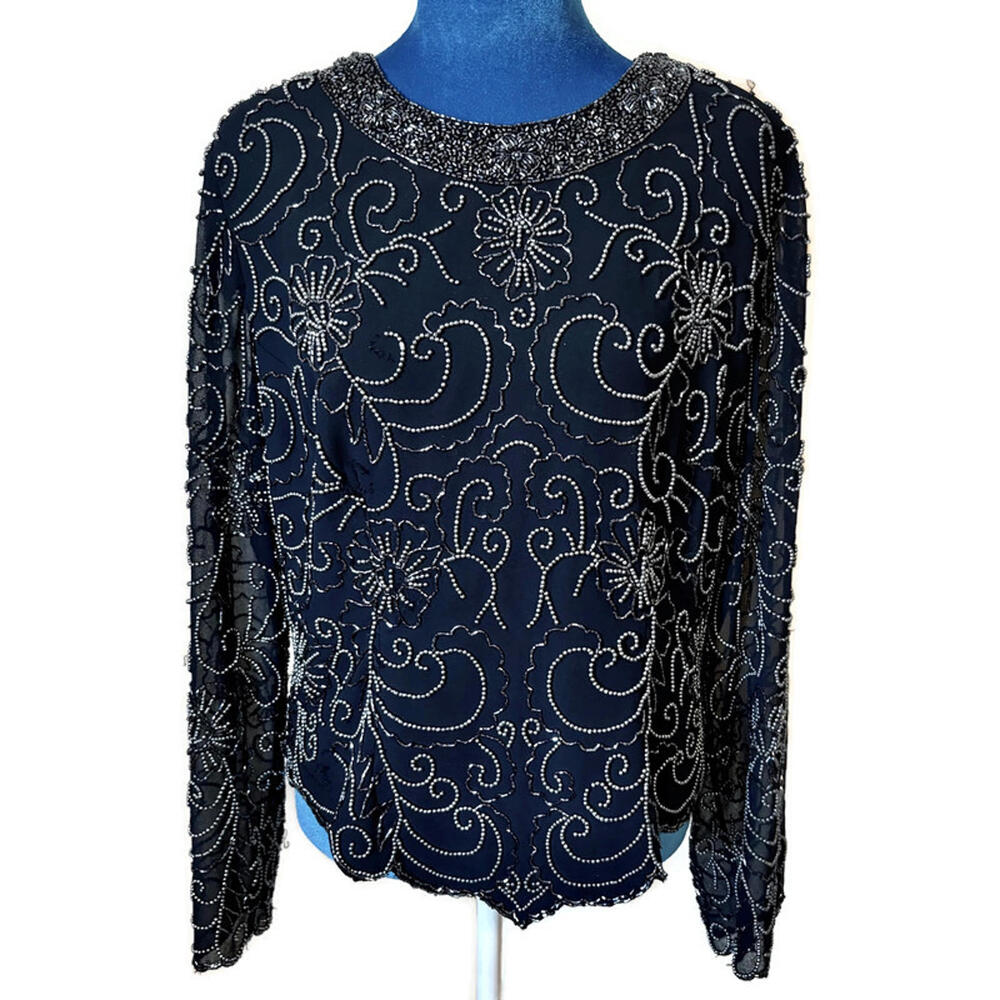 Vintage Drapers & Damons Beaded Black Embellished Blouse Top